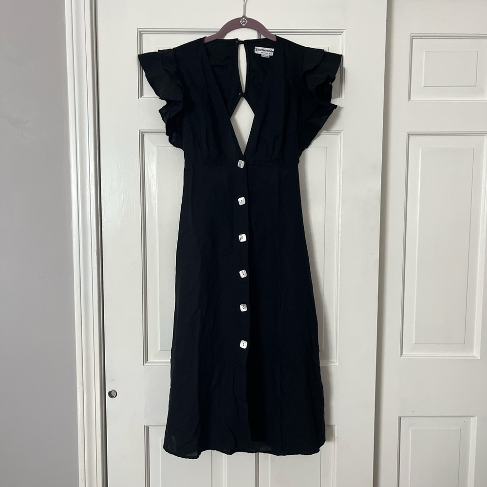 Charlie Holiday Black Midi Dress with Ruffle Sleeves